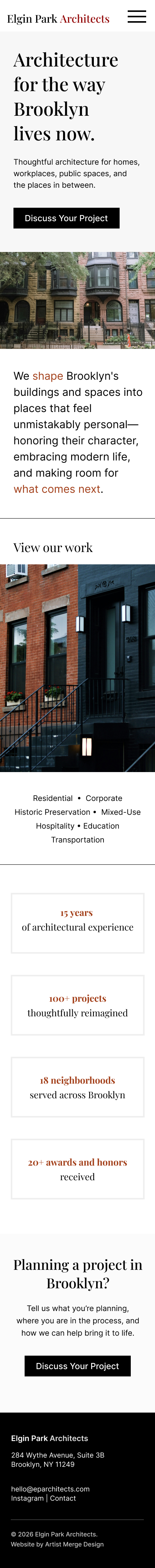 Mobile homepage layout for a fictional architecture portfolio website