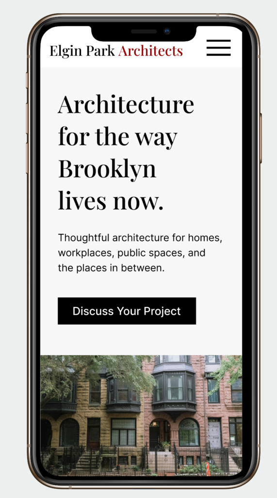 Mobile homepage layout for a fictional architecture portfolio website