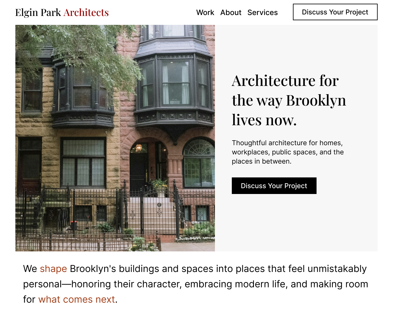 Desktop homepage layout for a fictional architecture portfolio website