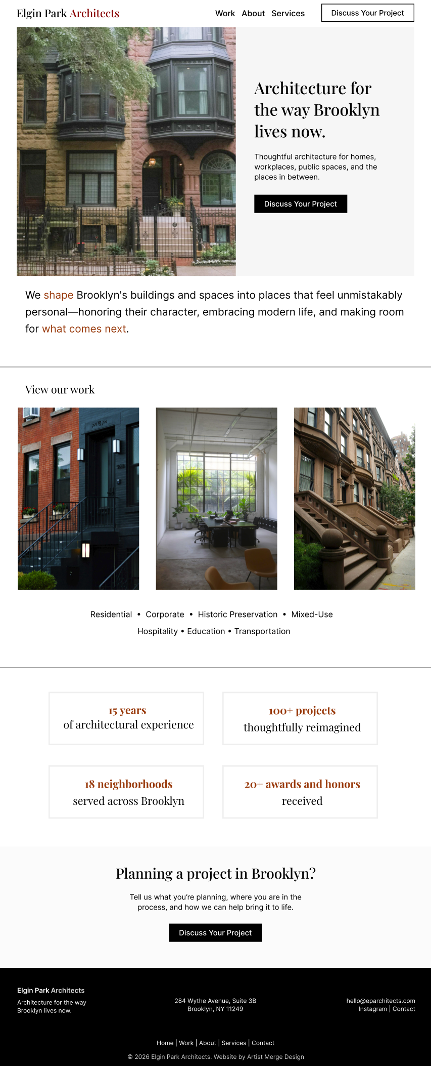 Desktop homepage layout for a fictional architecture portfolio website
